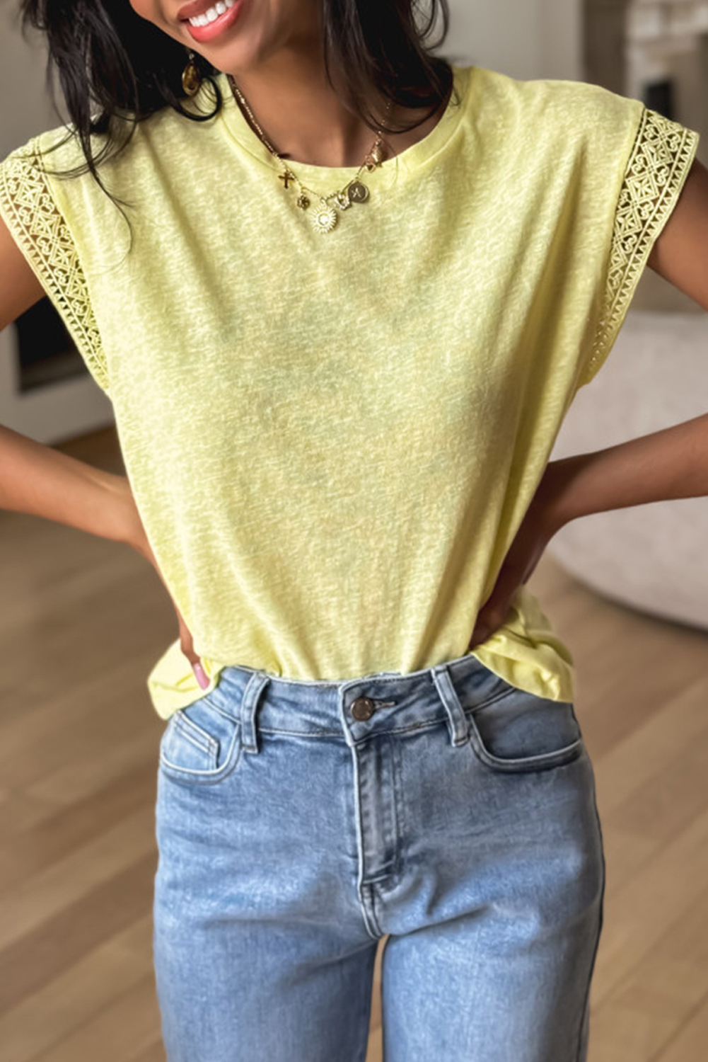 Yellow Cream Lace Patchwork Cap Sleeve Round Neck T Shirt - loveforevers