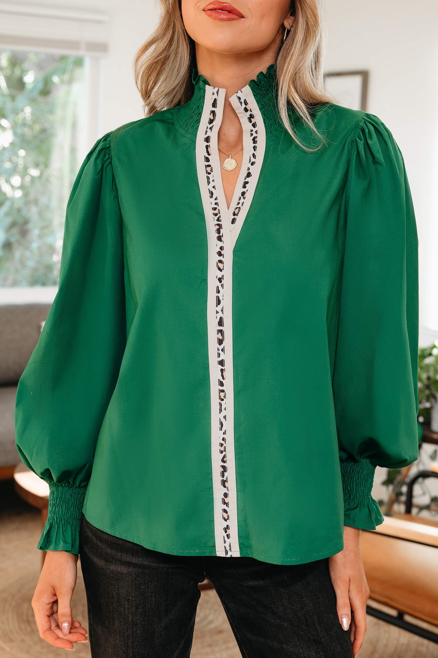 Evergreen Puffy Flounce Sleeve Leopard Trim V Neck Blouse - loveforevers