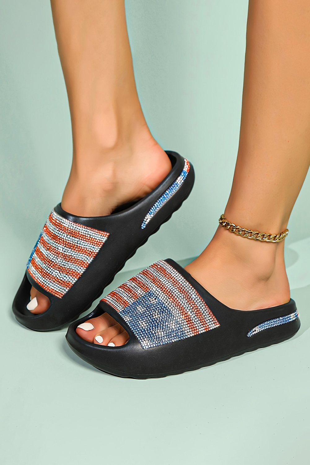 Black Rhinestone American Flag Thick Sole Slippers - loveforevers