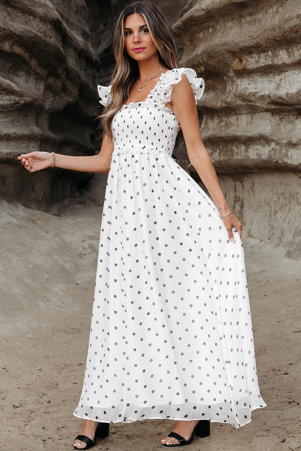 White Polka Dot Flutter Sleeve Square Neck Smocked Maxi Dress - loveforevers