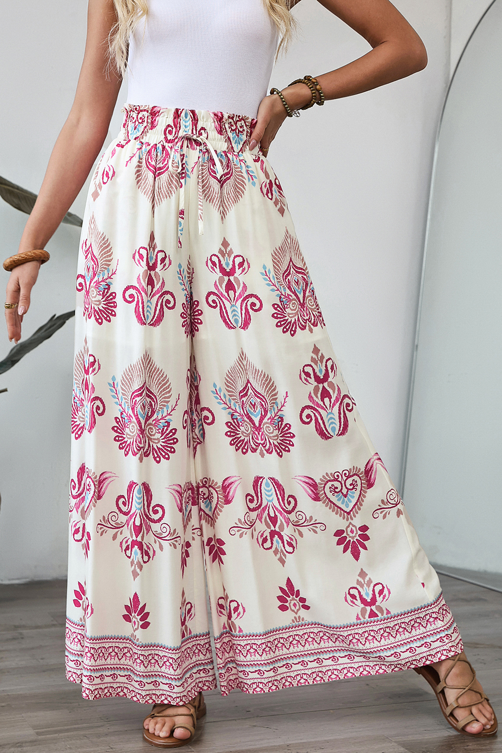 Rose Boho Printed Shirred High Waist Flowy Wide Leg Pants - loveforevers