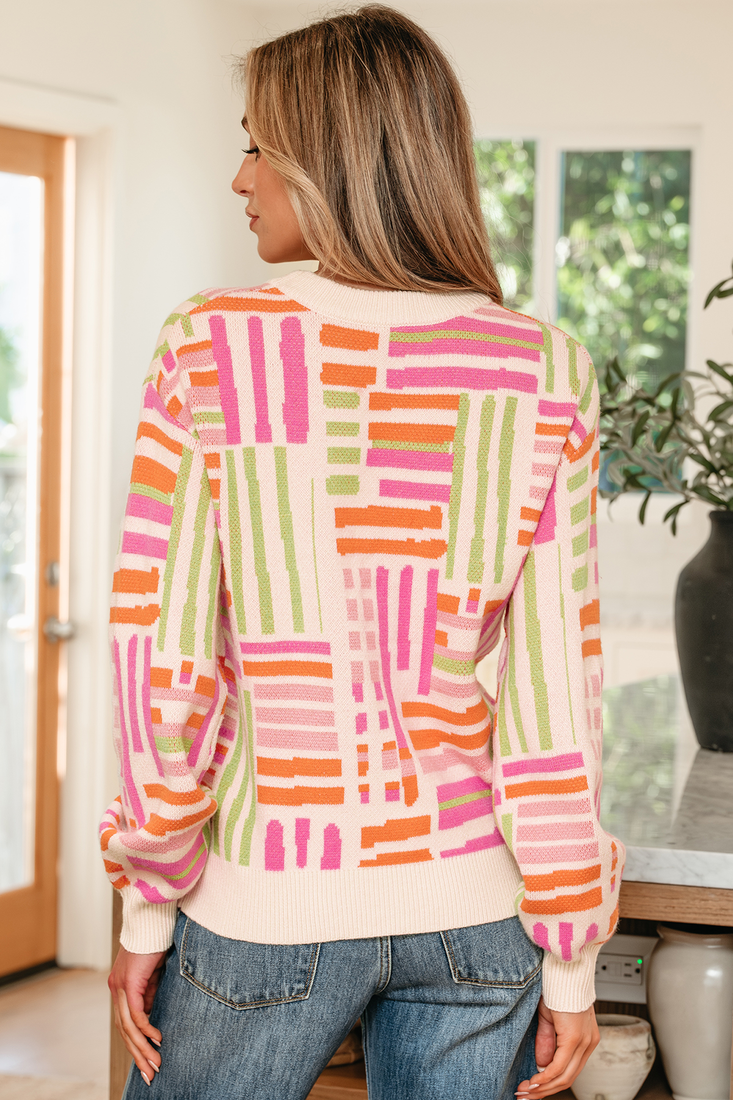 Rose Love Lines Pattern Crew Neck Puff Sleeve Sweater - loveforevers