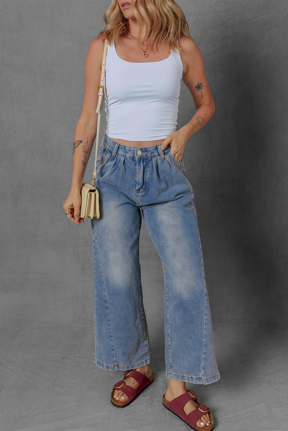 Ashleigh Blue Washed Pleated Detail Wide Leg Jeans - loveforevers