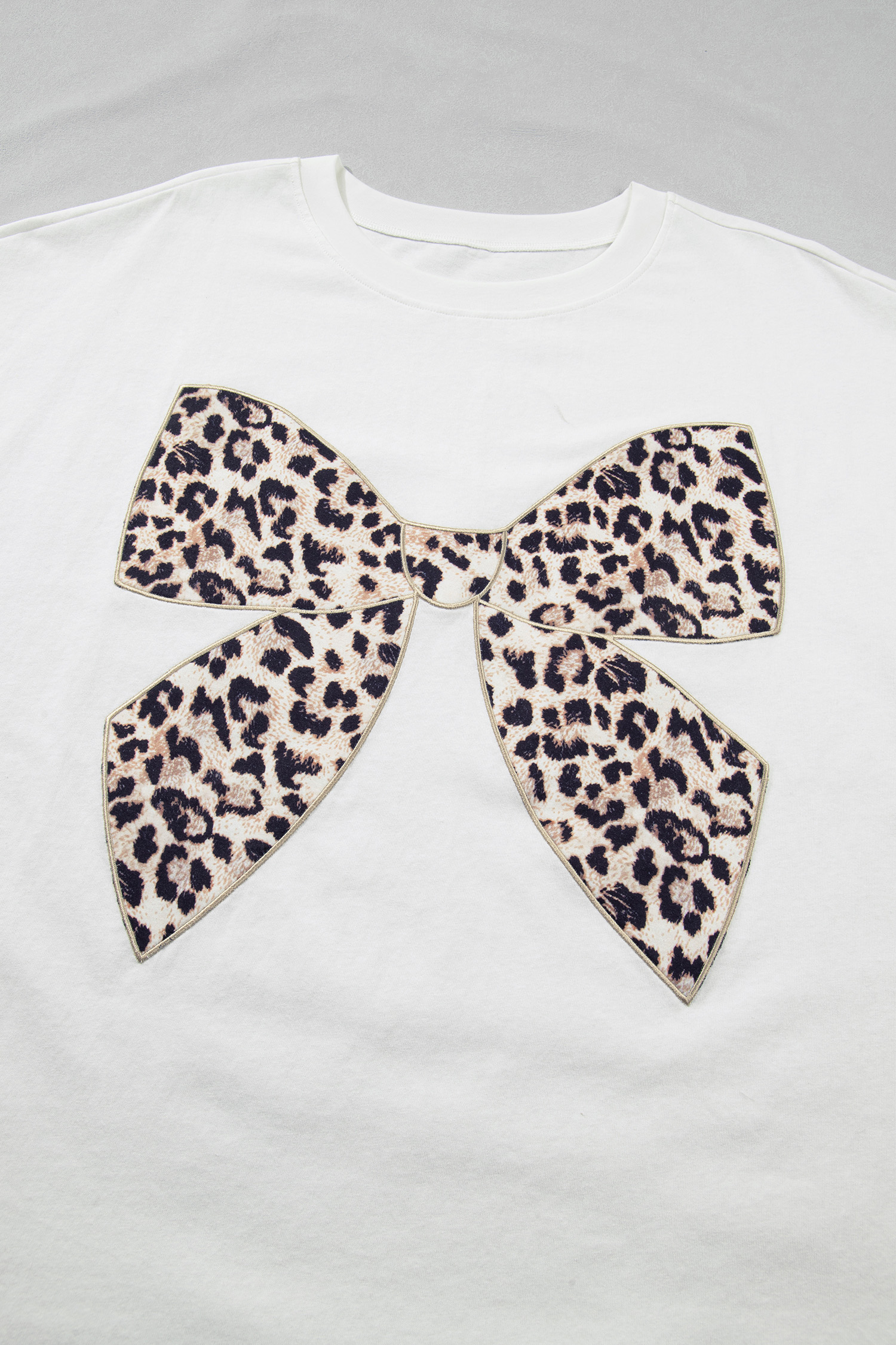 Pink Leopard Bow Embroidered Cotton Round Neck T Shirt - loveforevers