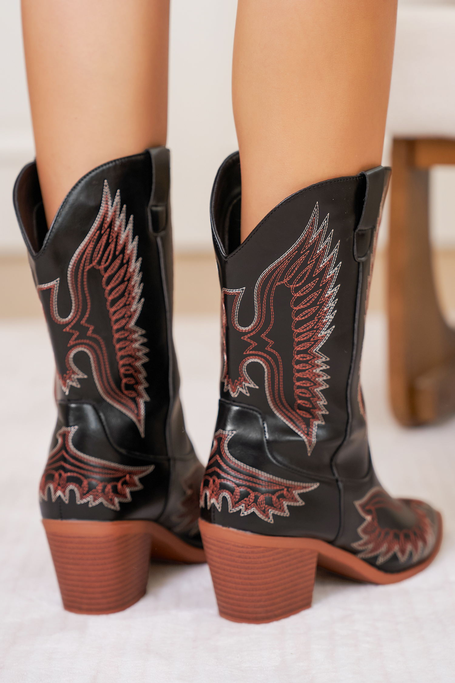 Black Western Eagle Embroidered Faux Leather Boots - loveforevers