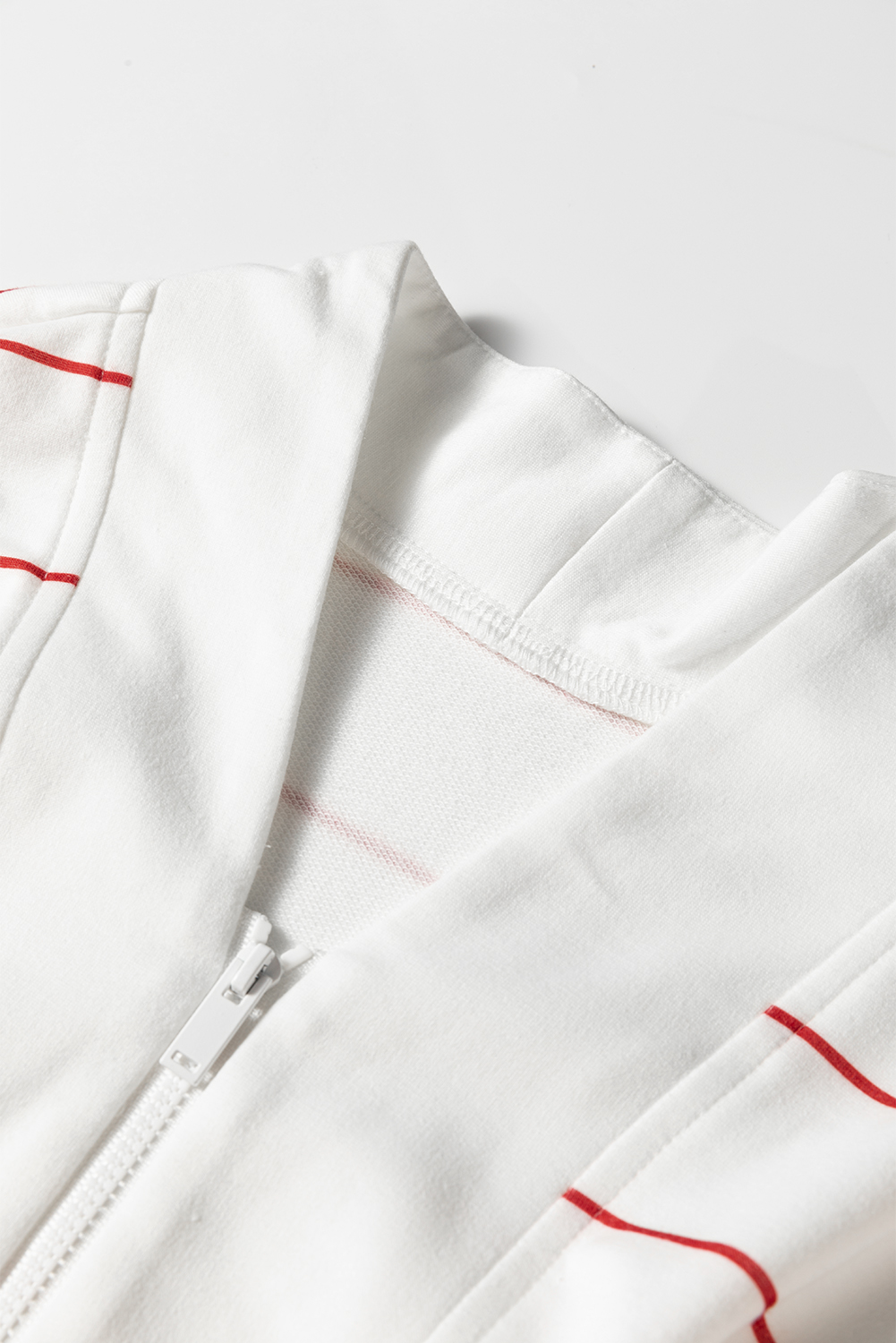 White Zip V Neck Casual Stripe Print Drop Shoulder Long Sleeve Top - loveforevers