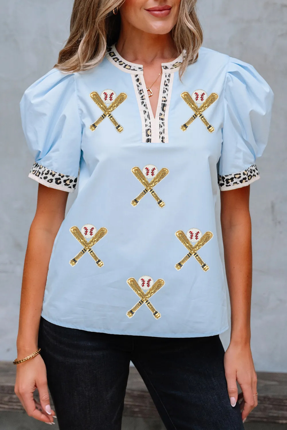 Beau Blue Sequin Baseball Set Contrast Leopard Trim Short Puff Sleeve Blouse - loveforevers