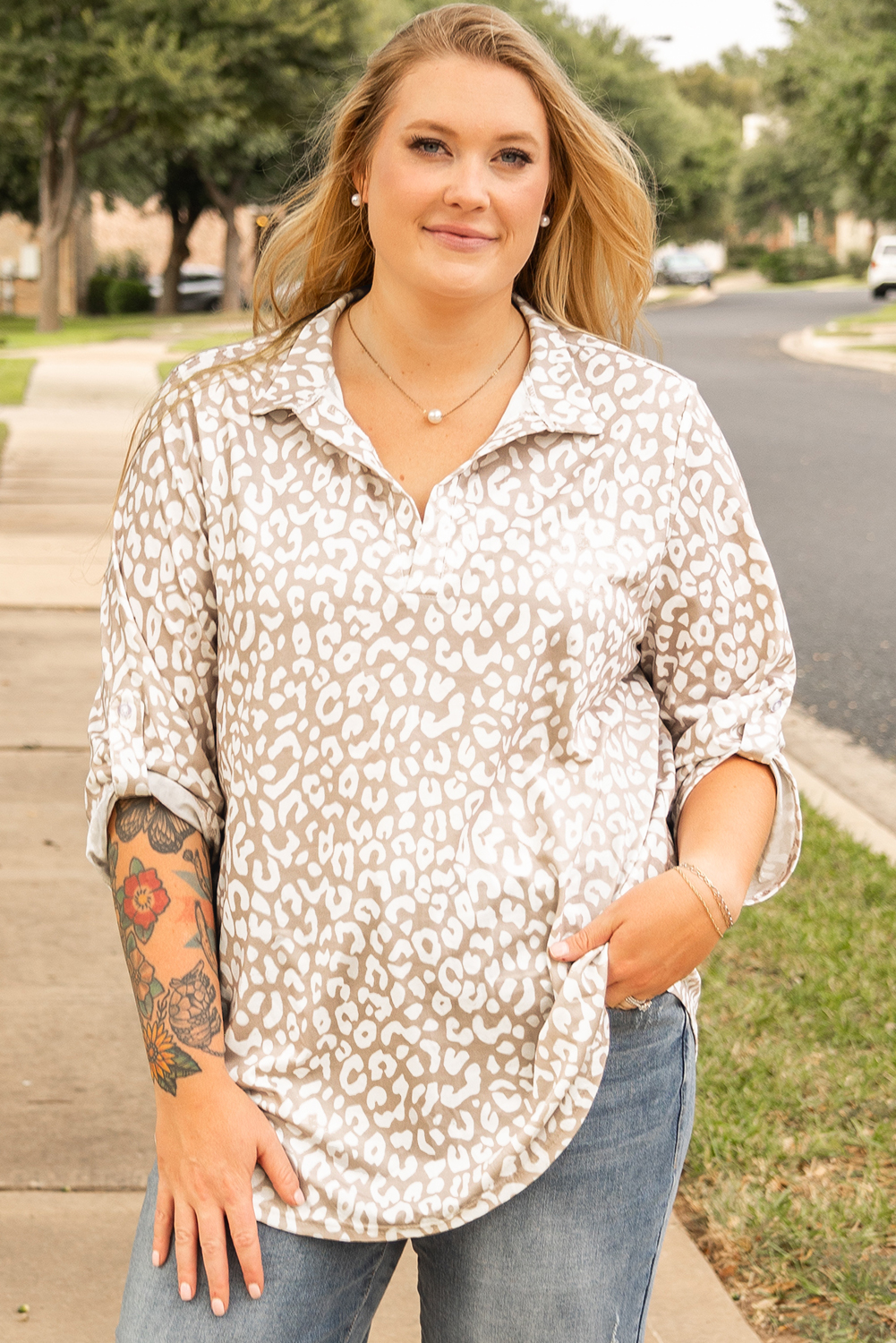Apricot Leopard Tab Sleeve V Neck Plus Size Top - loveforevers