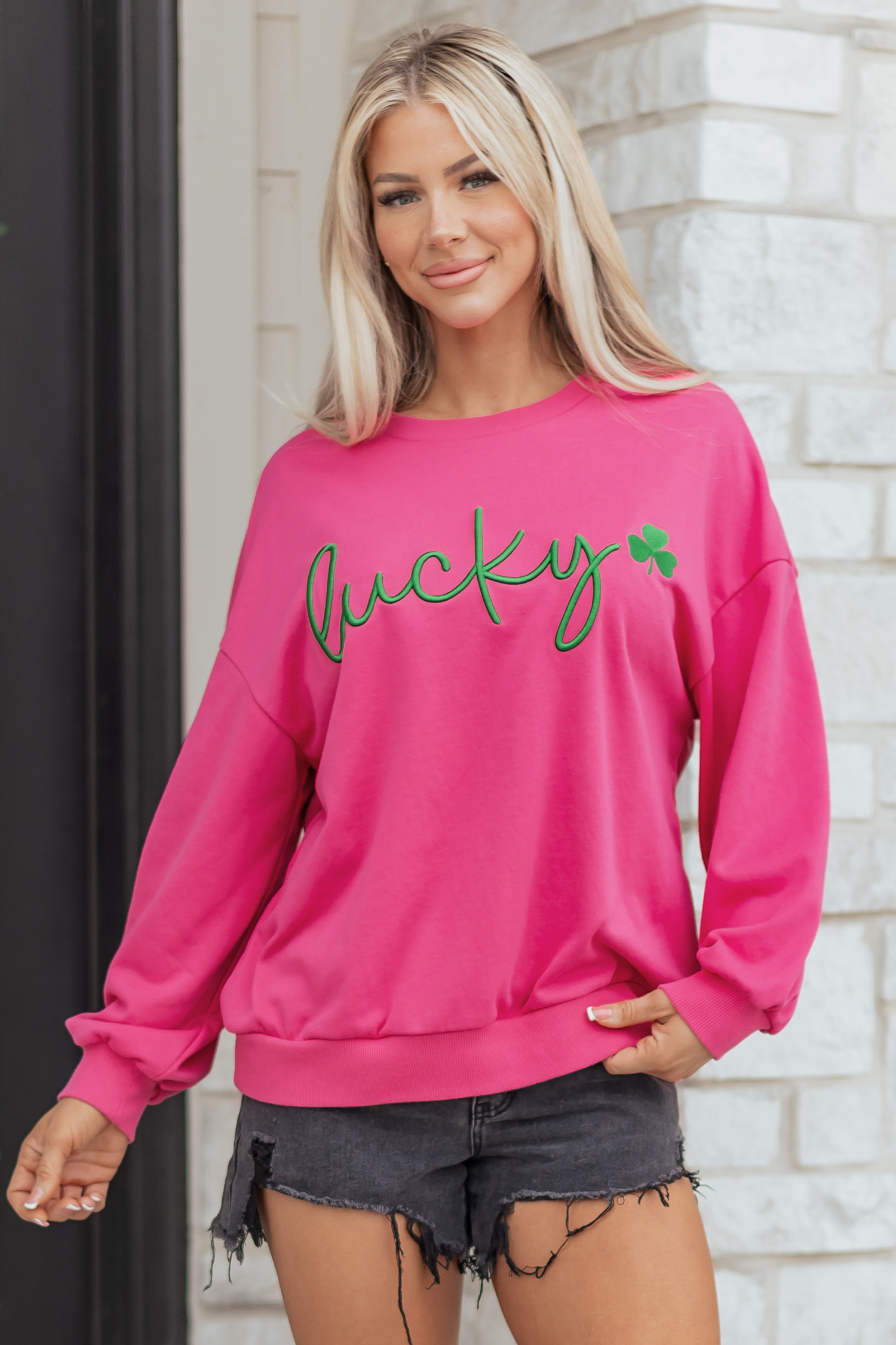 Rose Red Lucky Clover Embroidered Loose Pullover Sweatshirt - loveforevers