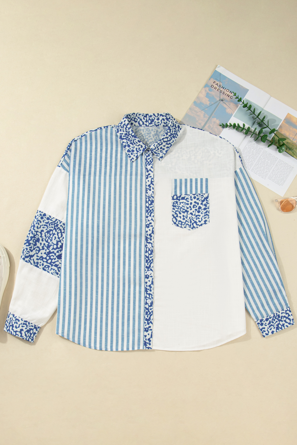 Sky Blue Leopard Striped Western Casual Shirt - loveforevers