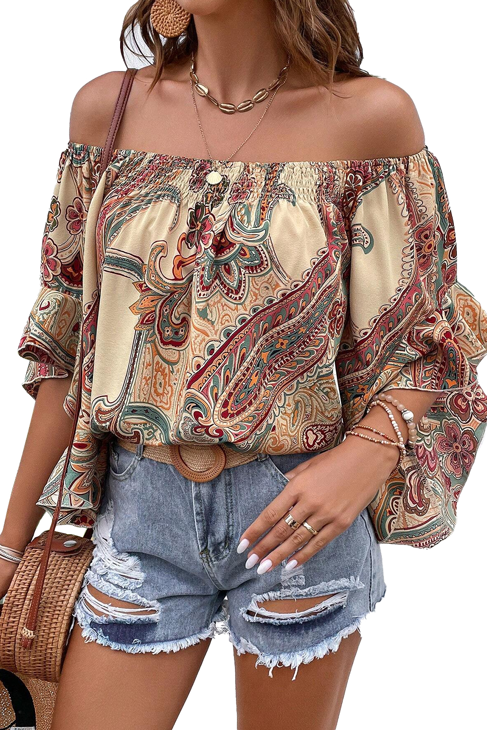 Apricot Paisley Printed Shirred Off Shoulder Ruffled Draped Sleeve Blouse - loveforevers
