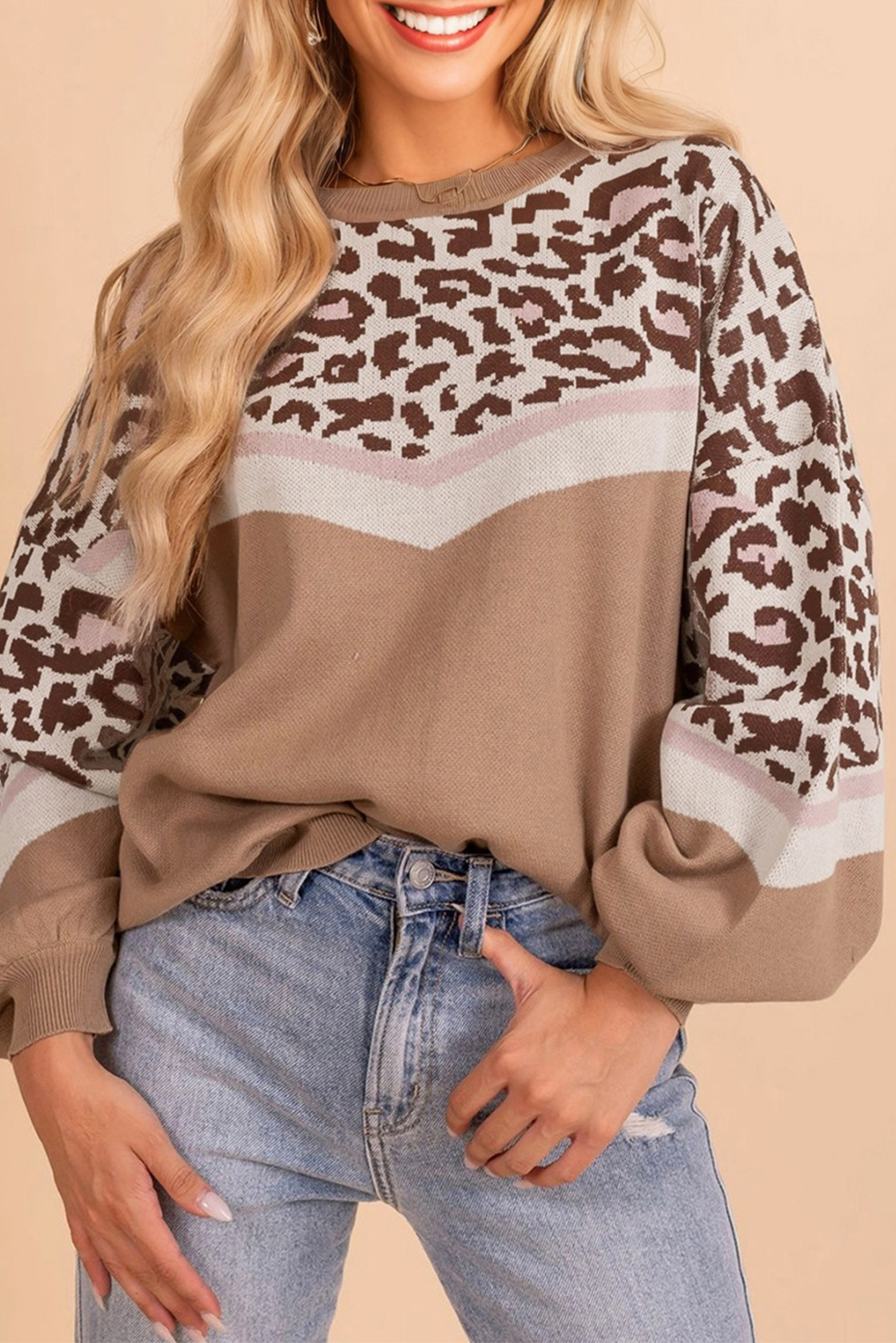 Straw Yellow Leopard Color Block Knit Round Neck Baggy Sweater - loveforevers