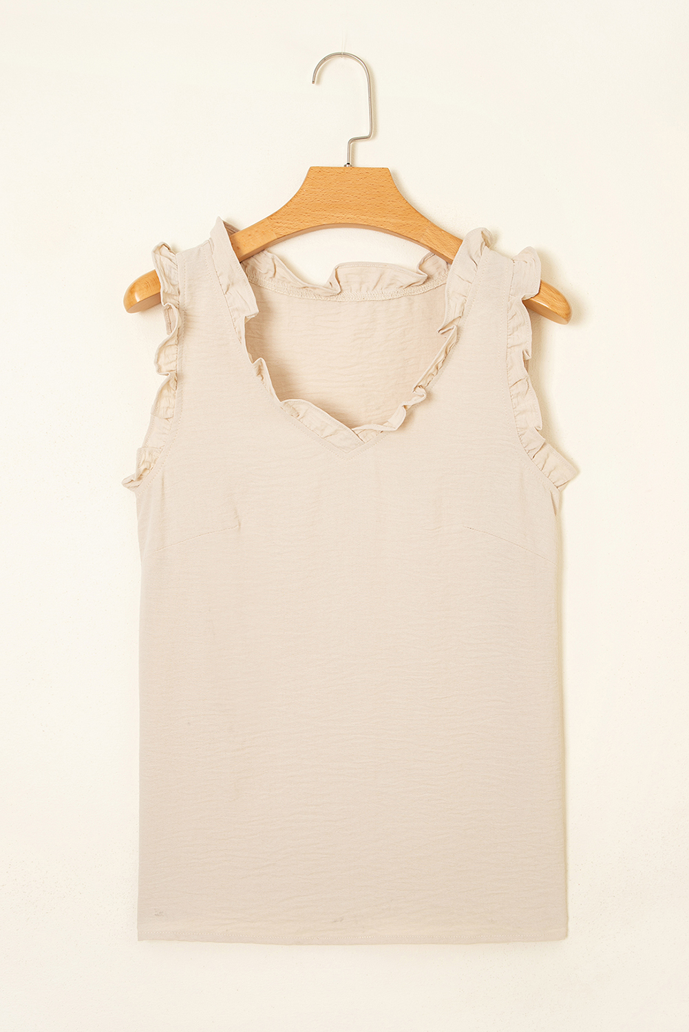 Parchment Textured Frilly Trim V Neck Sleeveless Top - loveforevers
