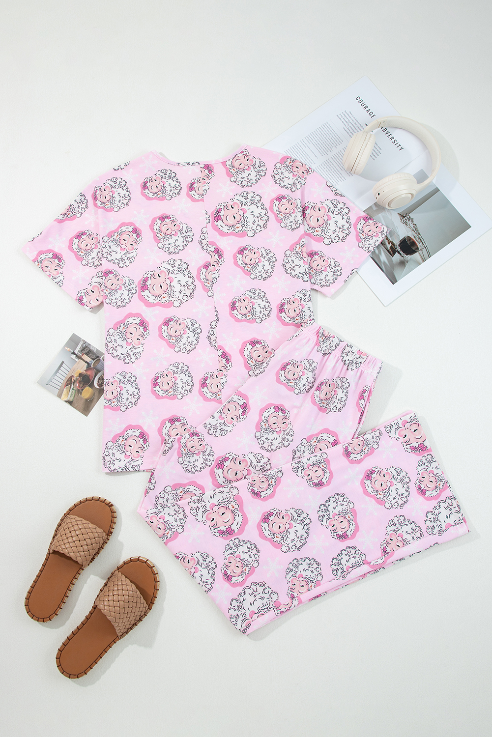 Pink Santa Claus Print V Neck Tee Drawstring Pants 2pcs Lounge Set - loveforevers