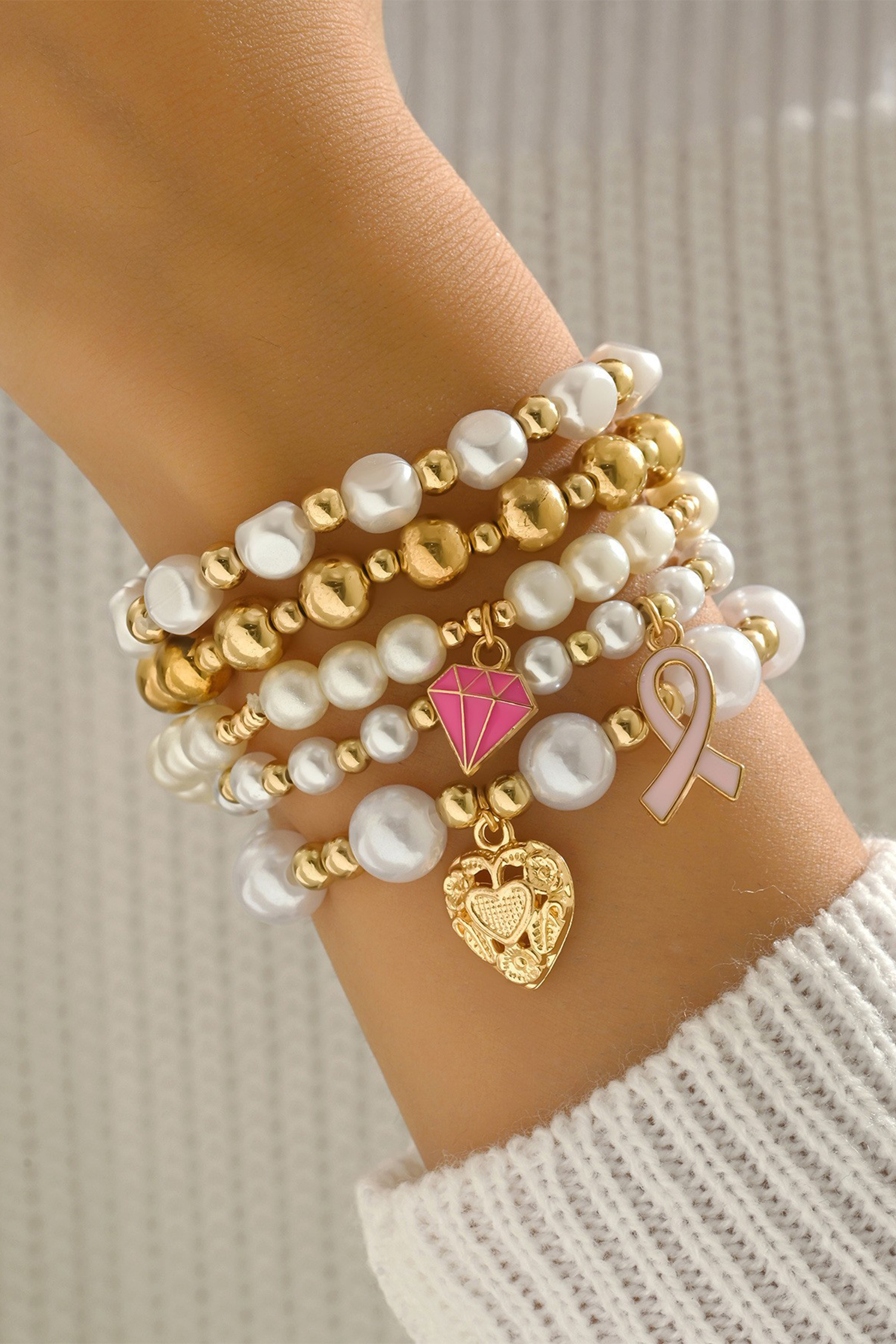Gold Plated Pearl Beads 5pcs Valentines Day Bracelet Set - loveforevers