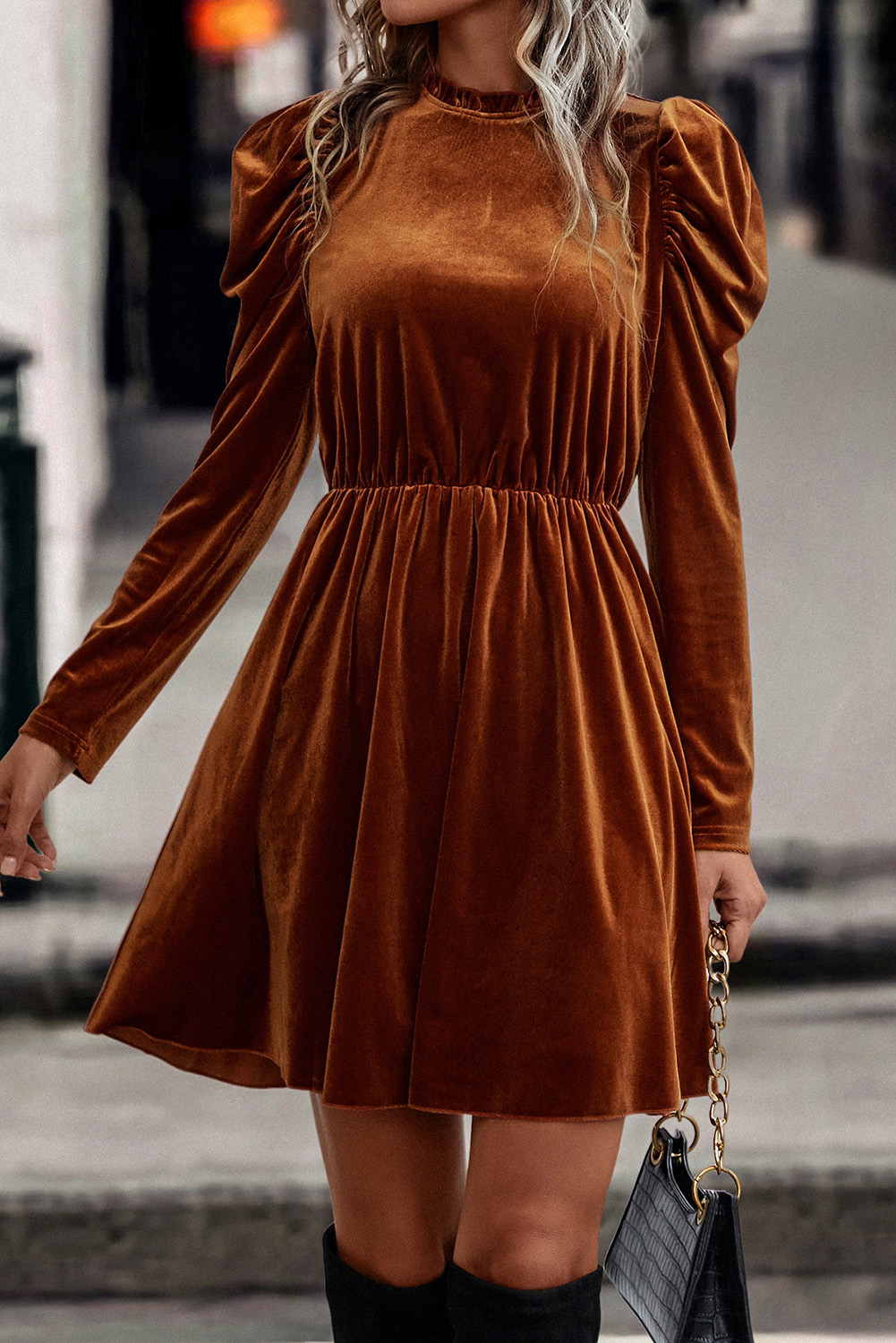 Chestnut Velvet Frilled Neck Gigot Sleeve Swing Dress - loveforevers