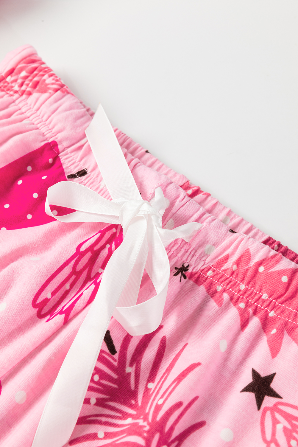 Pink Christmas Tree Print V Neck Buttoned Pullover and Drawstring Pants Lounge Set - loveforevers