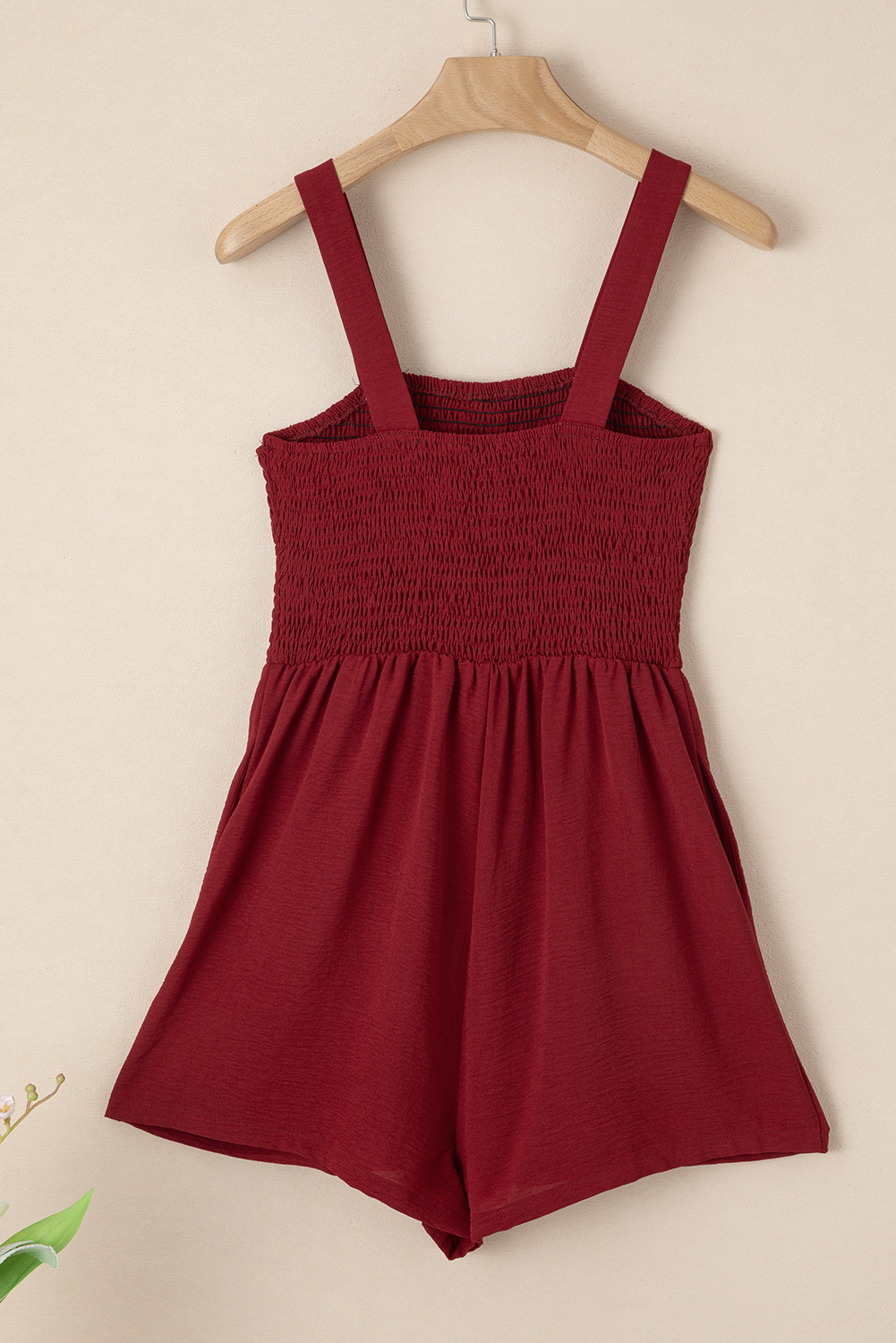 Burgundy Casual Pocketed Smocked Sleeveless Romper - loveforevers