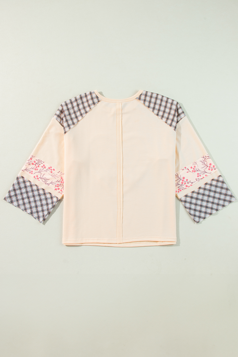 Beige Flower Patch Graphic Exposed Seam Wide Sleeve Top - loveforevers