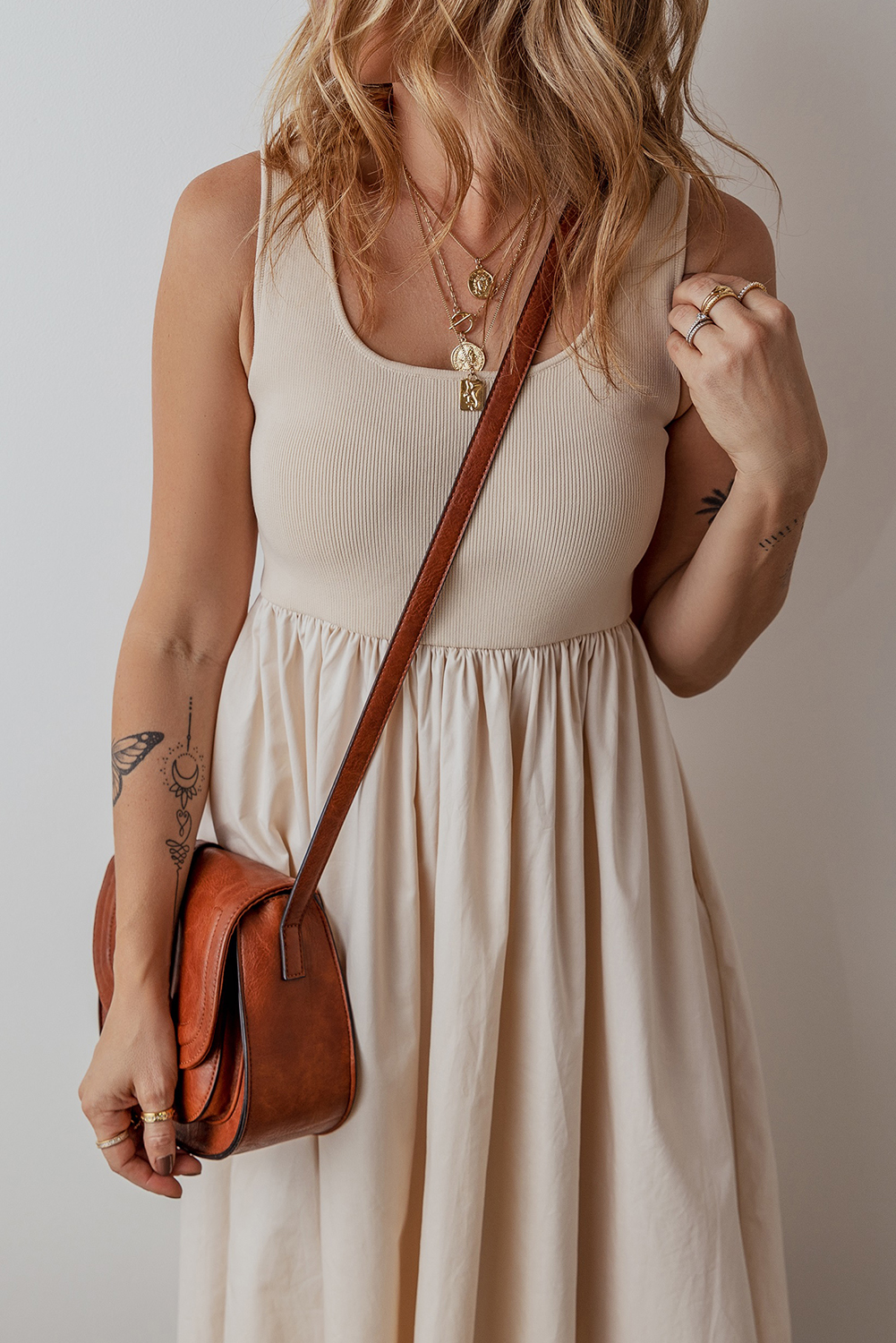 Beige Scoop Neck Ribbed Bodice Pleated Sleeveless Long Dress - loveforevers