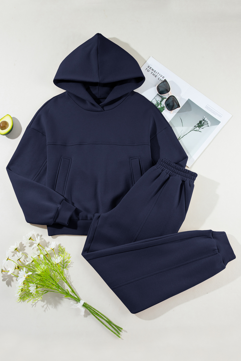 Navy Blue Solid Exposed Seams Hoodie and Joggers Activewear Set - loveforevers