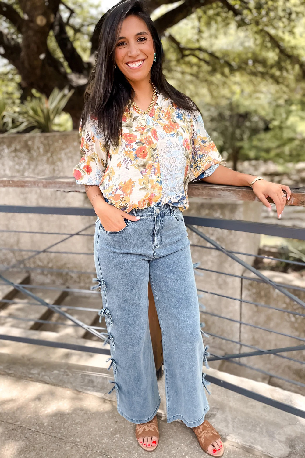 White Bow Knot Side Detail Straight Leg Loose Jeans - loveforevers