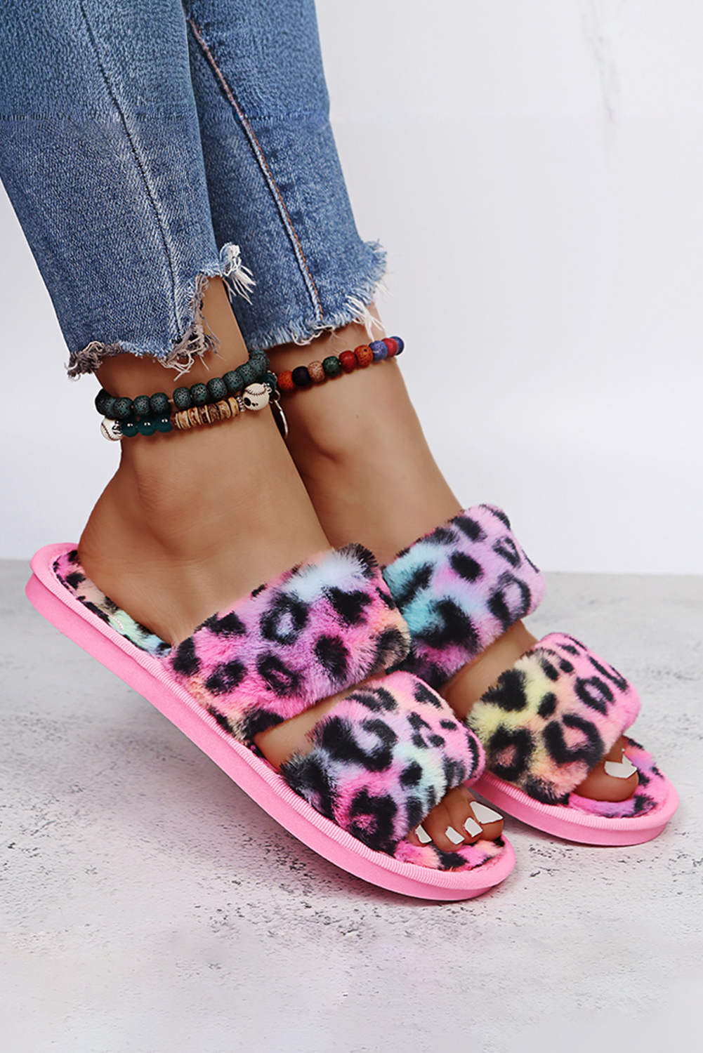 Rose Red Bold Plush Leopard Double Band Flat Slippers - loveforevers