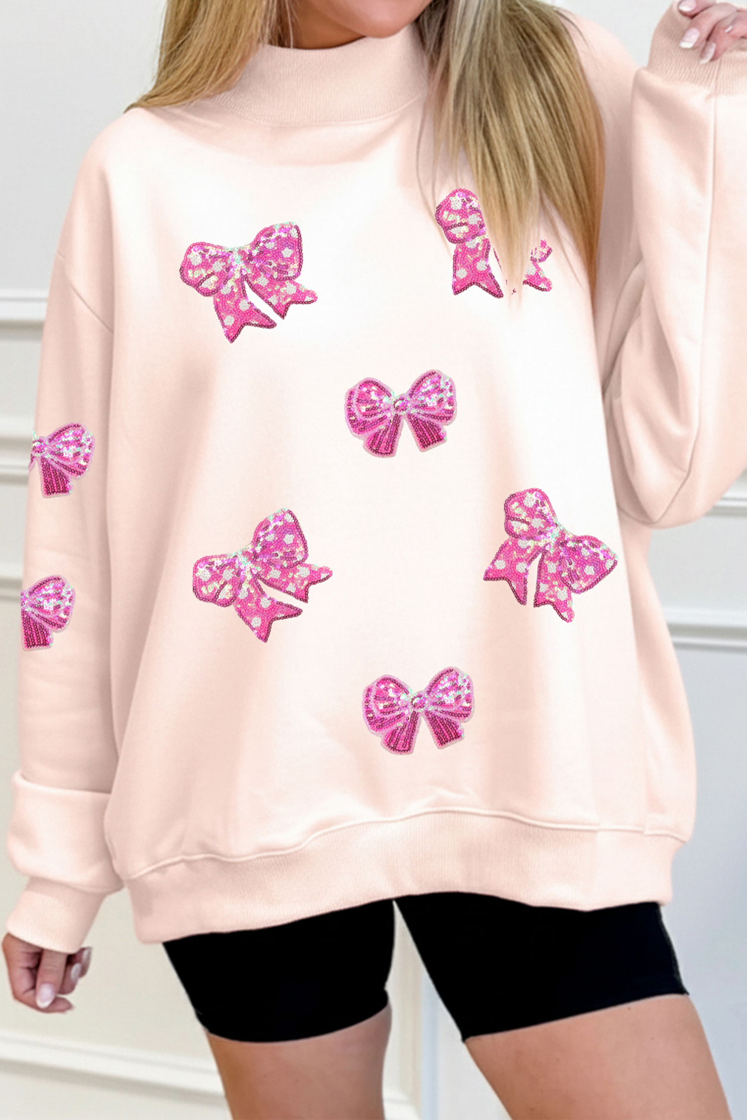 Apricot Pink Cowgirl Element Embroidered Detail Mock Neck Sweatshirt - loveforevers