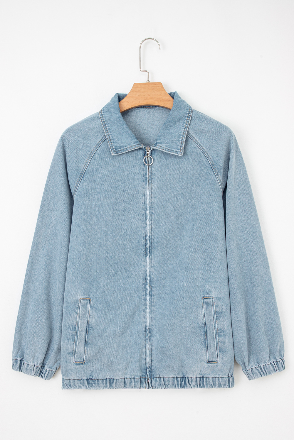 Myosotis Elastic Edge Collared Zip Up Denim Jacket With Pocket - loveforevers