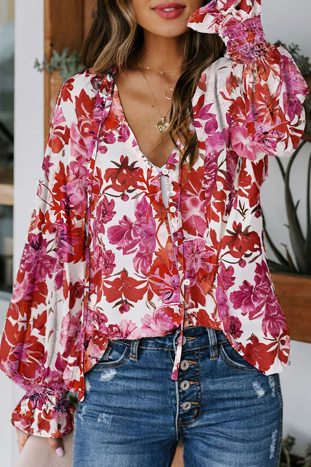 Rose Cakewalk Floral Smocked Billowy Sleeves Blouse - loveforevers