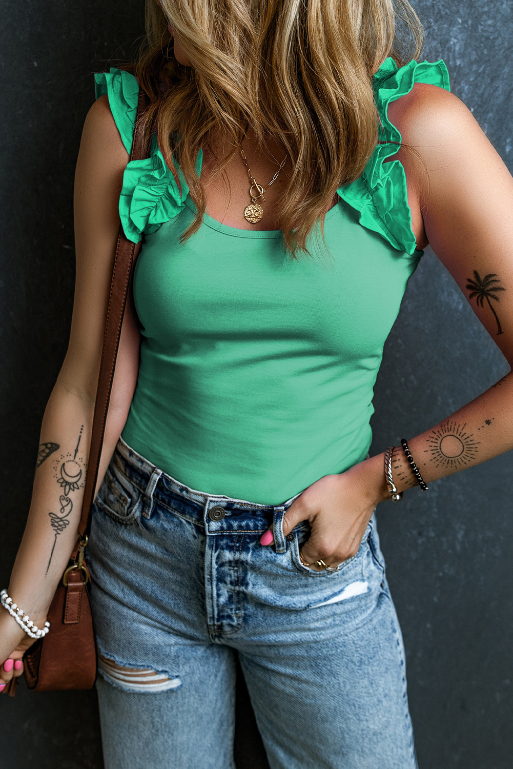 Mint Green Ruffled Wide Straps Slim Tank Top - loveforevers