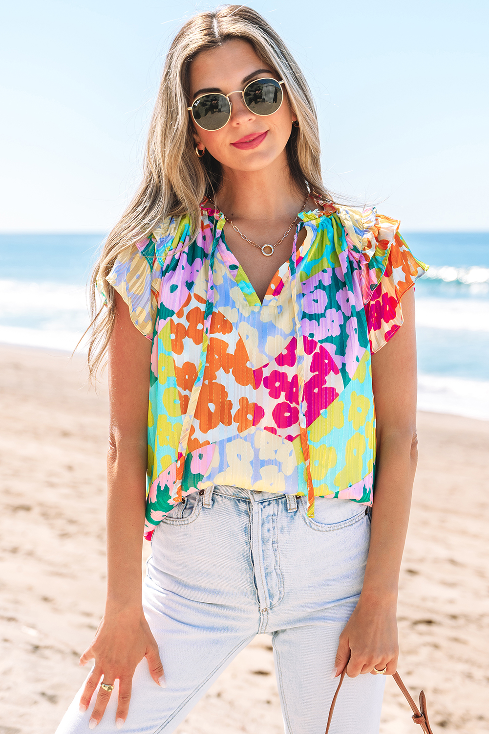 Multicolour Leopard Flutter Sleeve V Neck Crinkled Blouse - loveforevers