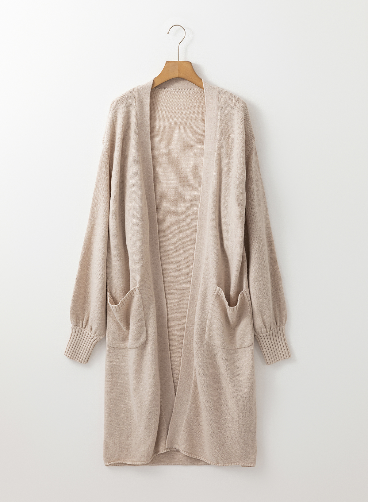 Beige Side Pockets Open Front Long Knitted Cardigan - loveforevers