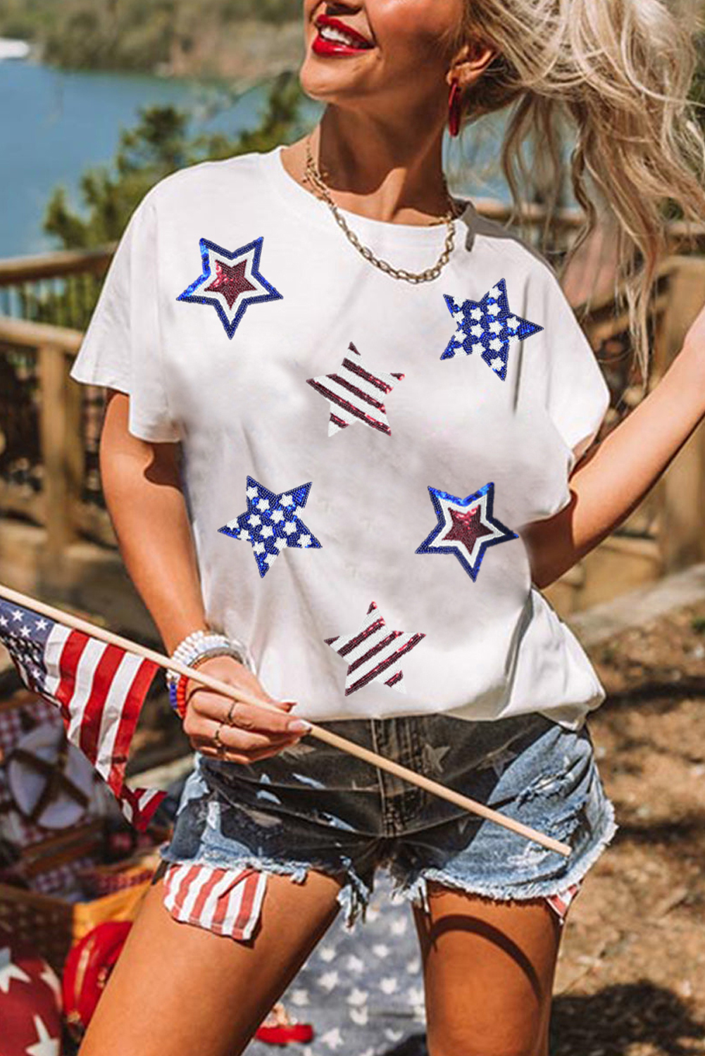 White USA Sequin Stars Patched Casual T Shirt - loveforevers