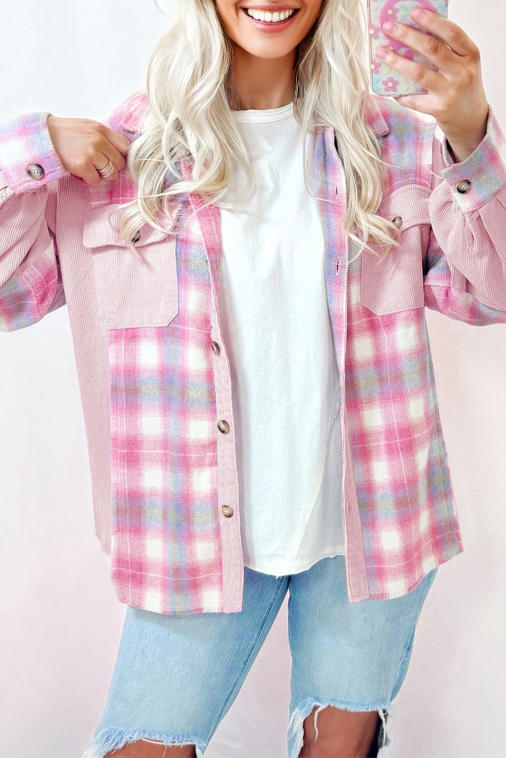 Pink Brushed Plaid Corduroy Flap Pockets Patchwork Shacket - loveforevers