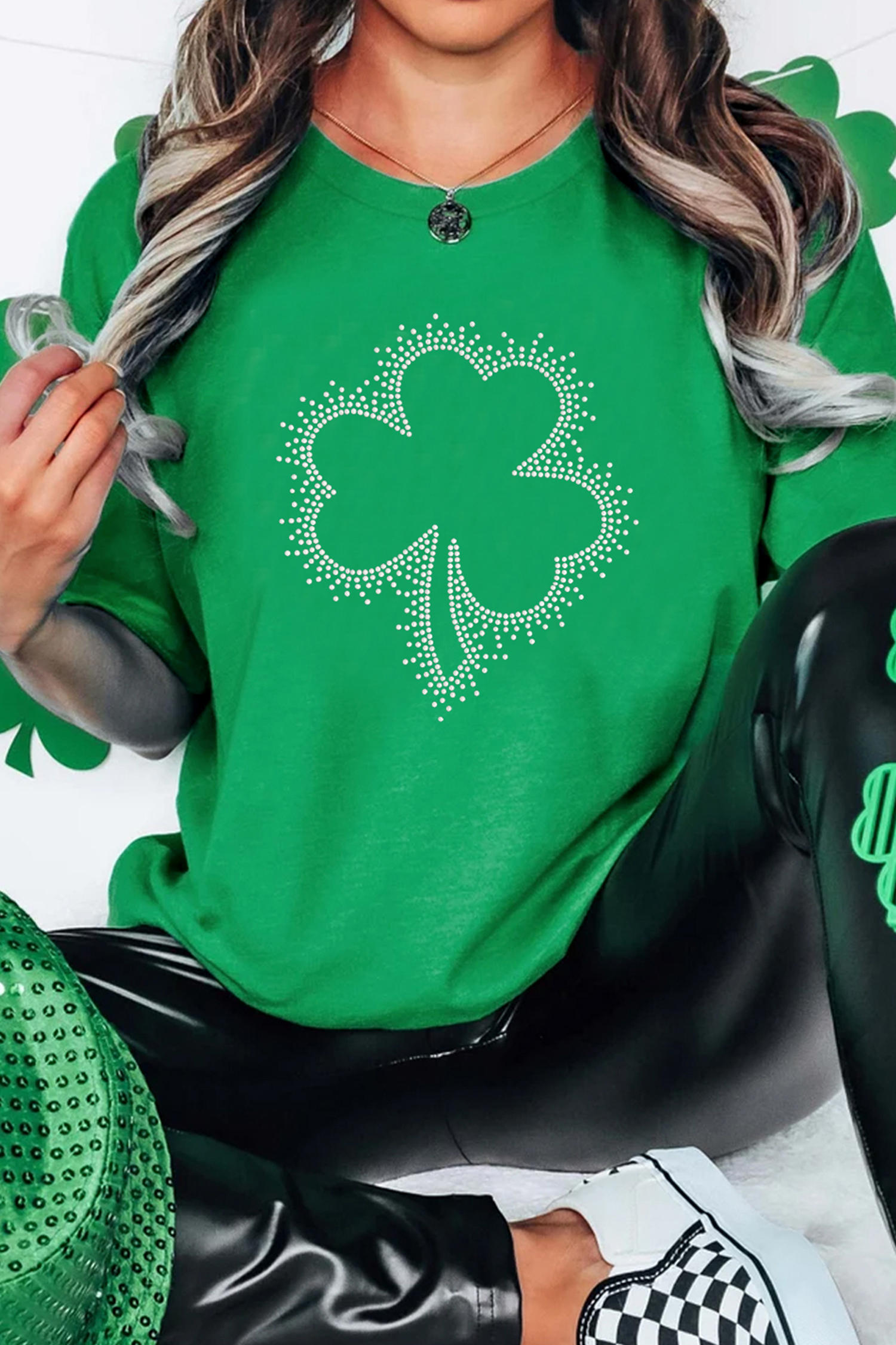 Bright Green St Patricks Day Crystal Rhinestone Shamrock Tee - loveforevers