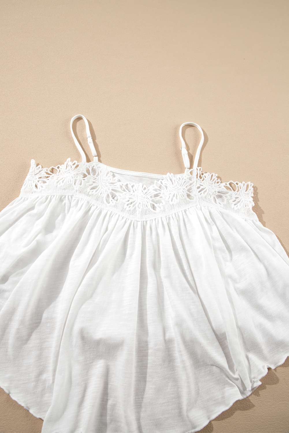 White Lace Splicing Spaghetti Straps Ruffle Flared Tank Top - loveforevers