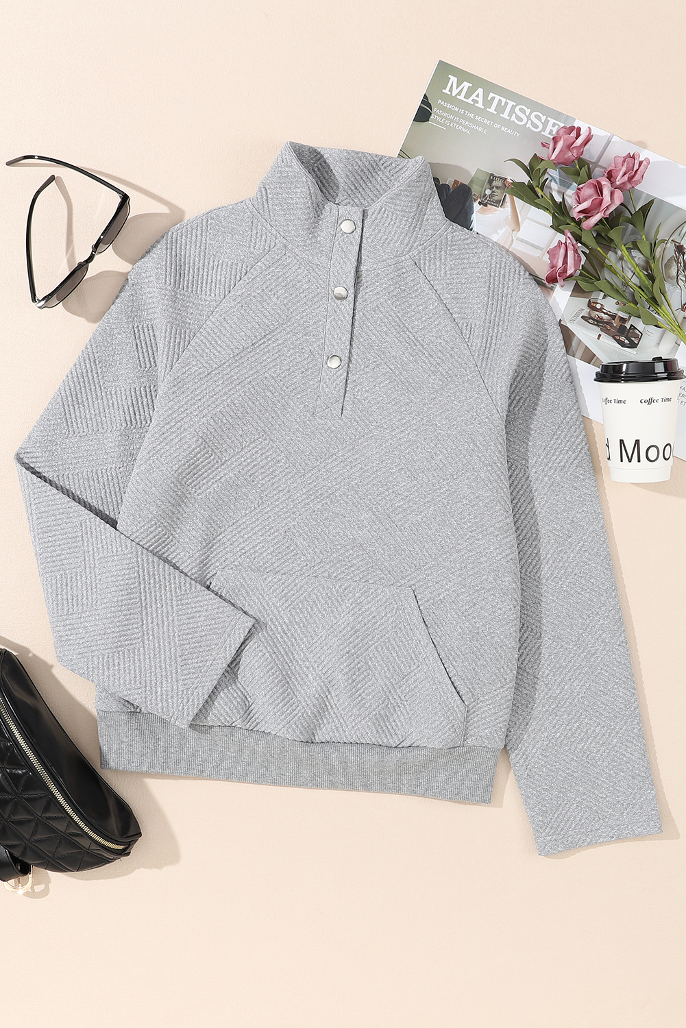 Apricot  Asymmetric Buttons Detail High Neck Textured Sweatshirt - loveforevers