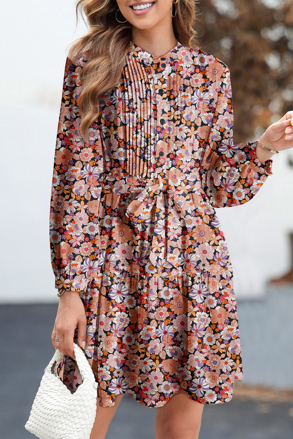 Multicolour Floral Print Long Sleeve Pleated Detail Bleted Mini Dress - loveforevers
