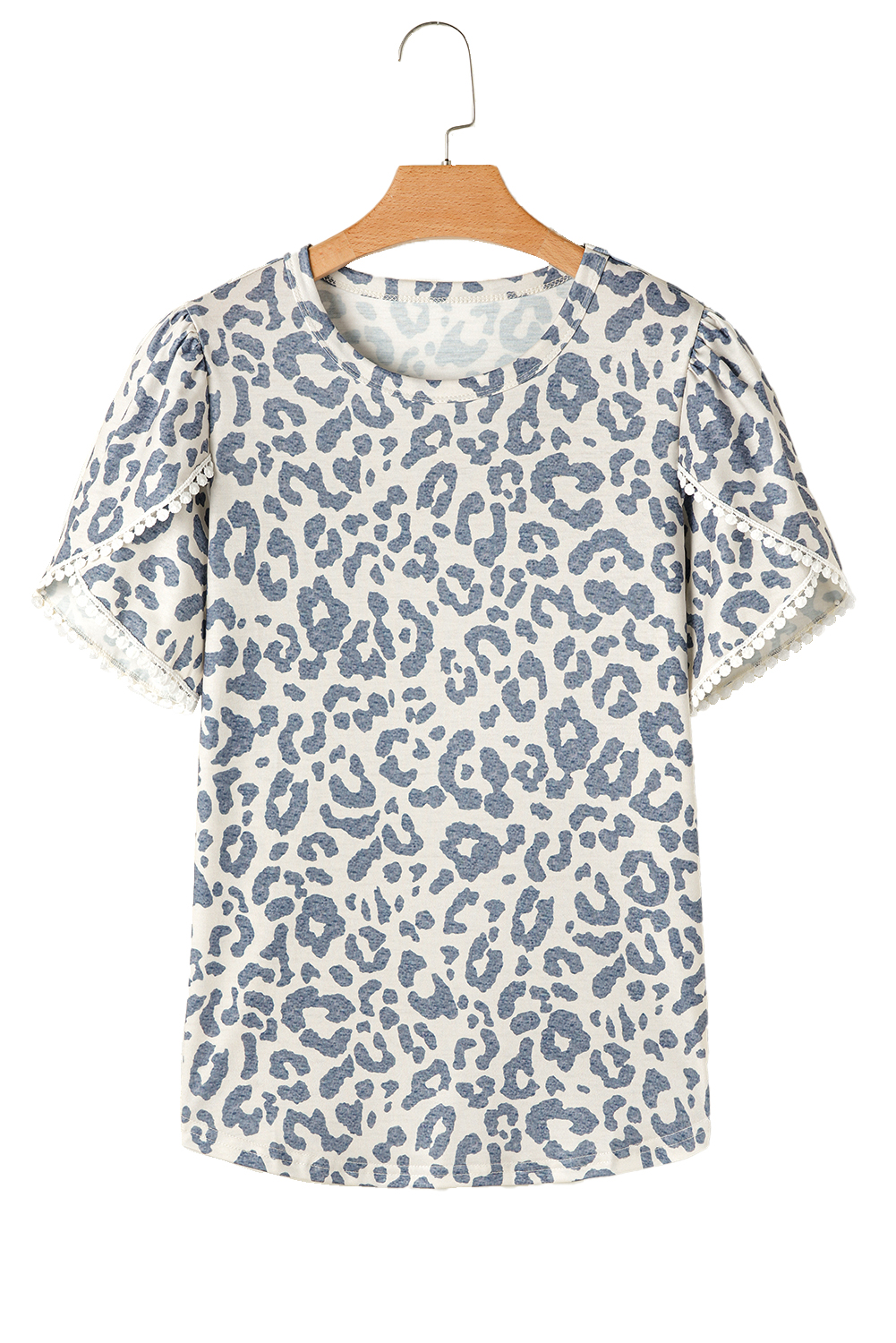 Beige Leopard Round Neck Lace Trim Petal Sleeve T Shirt - loveforevers