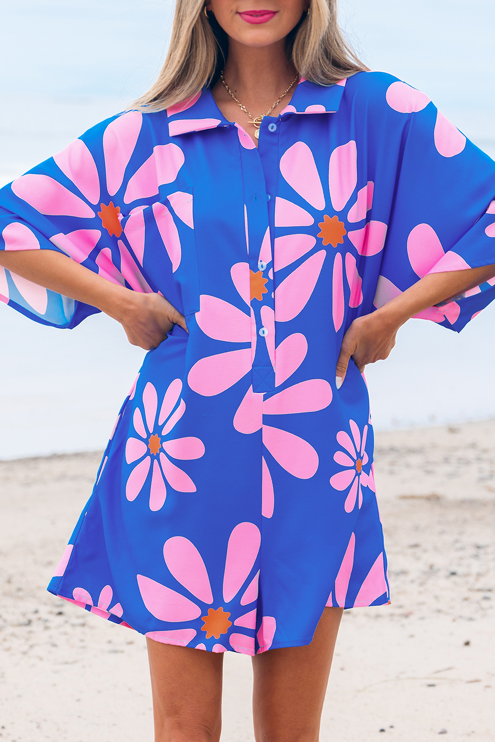 Blue Summer Flower Print Shirt Collar Button Front Loose Romper - loveforevers
