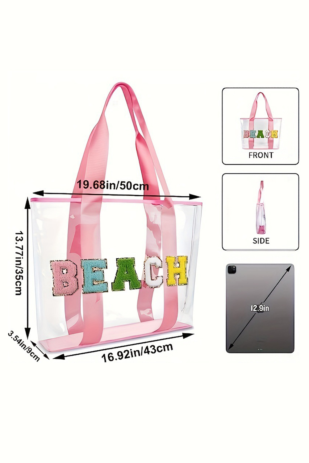 Pink BEACH Chenille Patched Large Clear PVC Shoulder Bag - loveforevers
