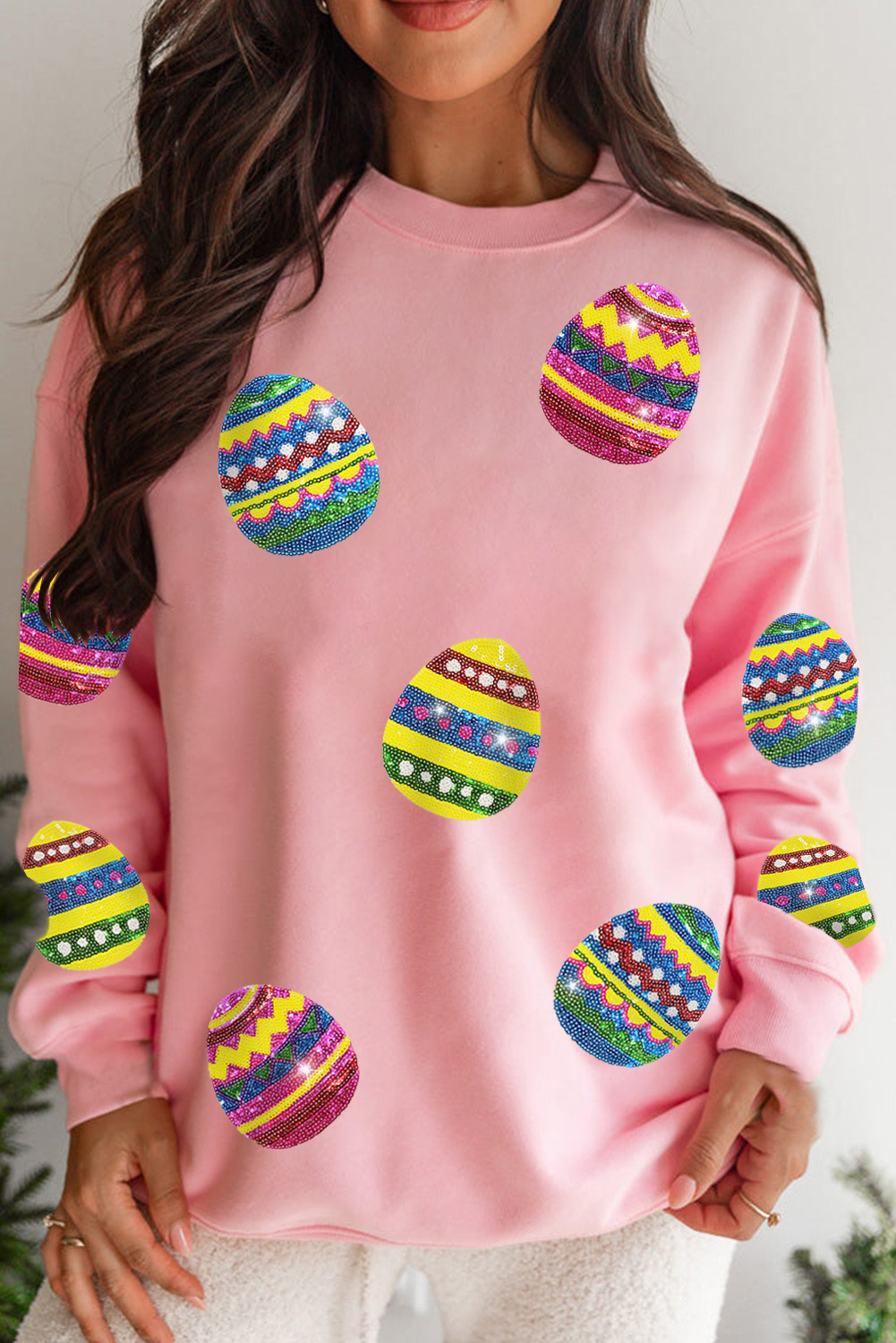 Pink Easter Egg Sequin Patched Crew Neck Sweatshirt - loveforevers