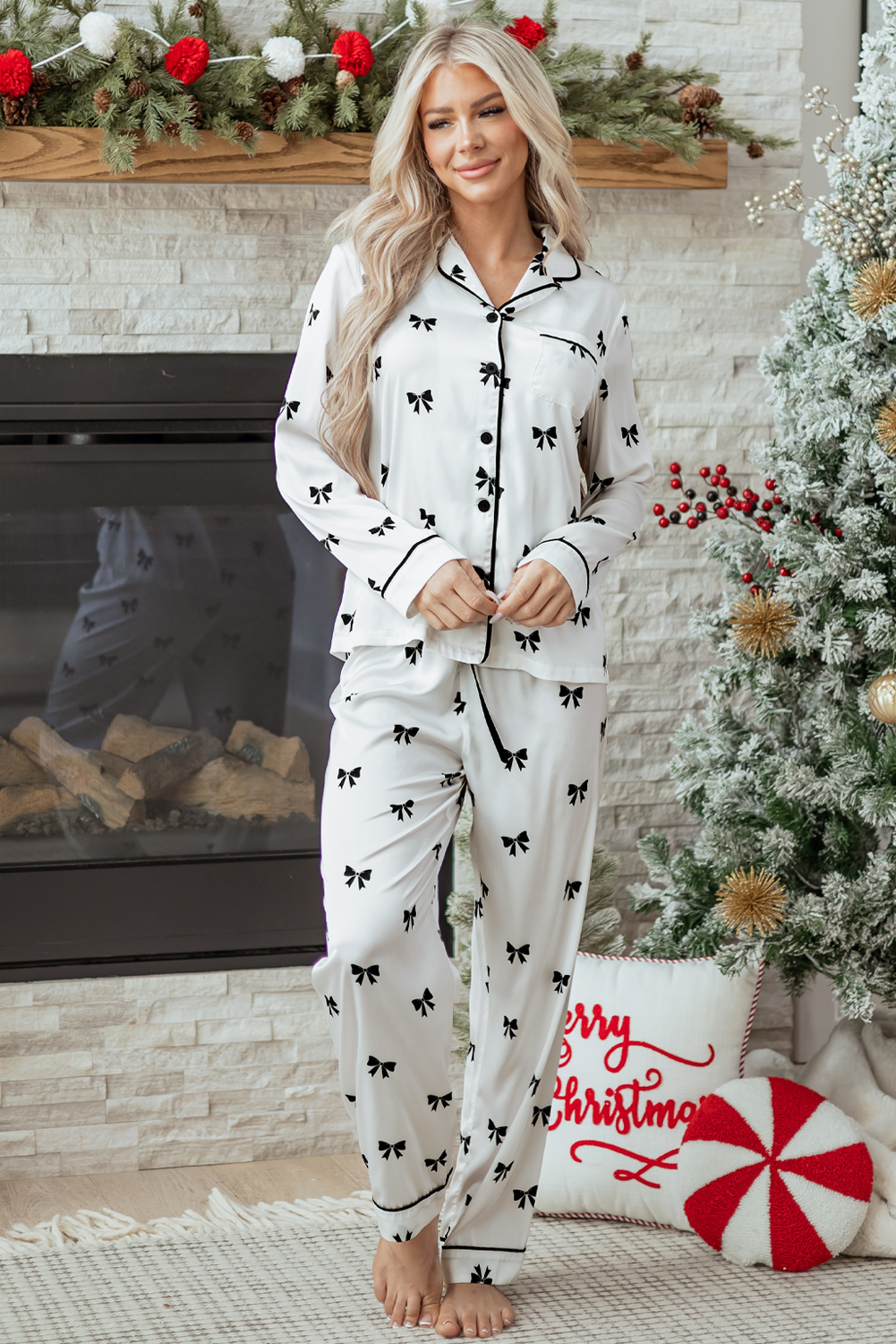 White Bows Print Two Piece Sleepwear - loveforevers