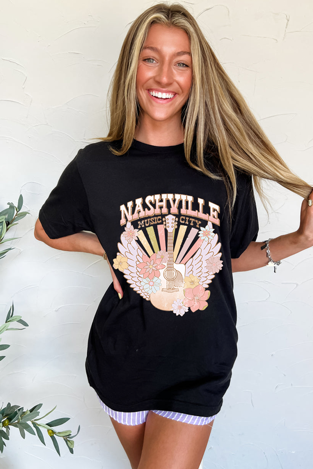 Black Nashville Music City Guitar Angel Wing Graphic Tee - loveforevers