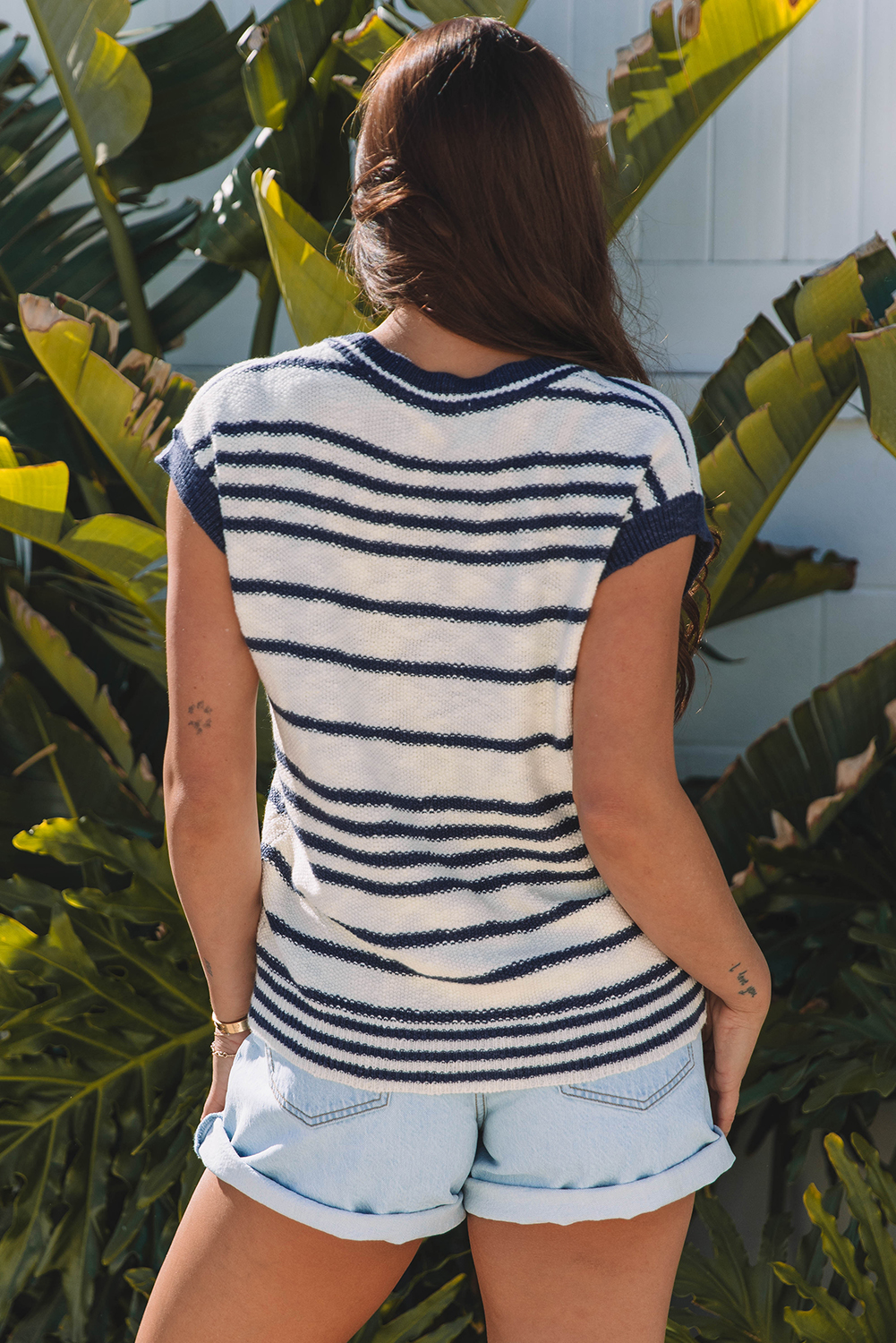 Blue Stripe Loose Buttoned V Neck Sweater Vest - loveforevers