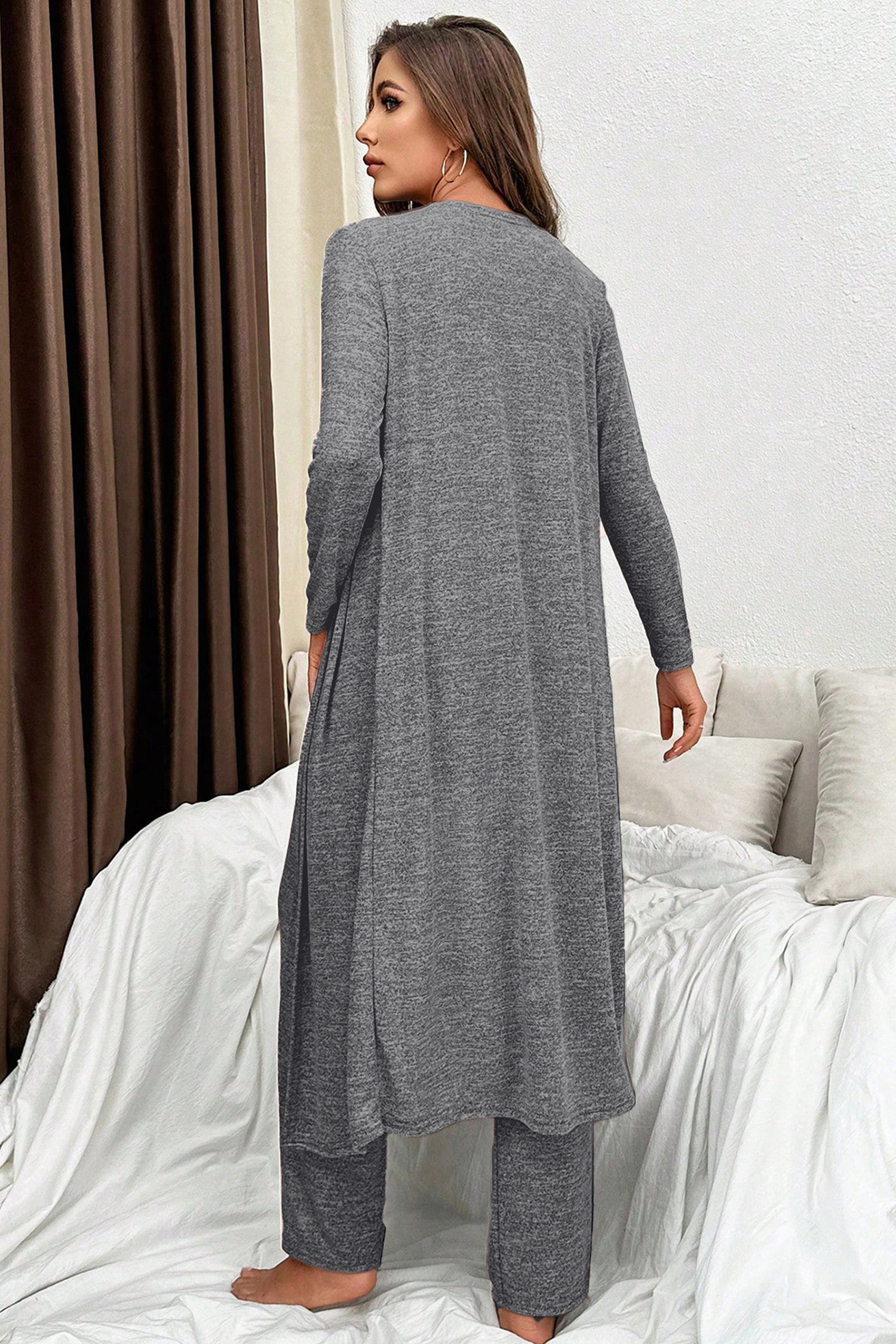 Delicacy 3pcs V Neck T Shirt Ribbon Knot Pants Open Duster 3pcs Lounge Set - loveforevers