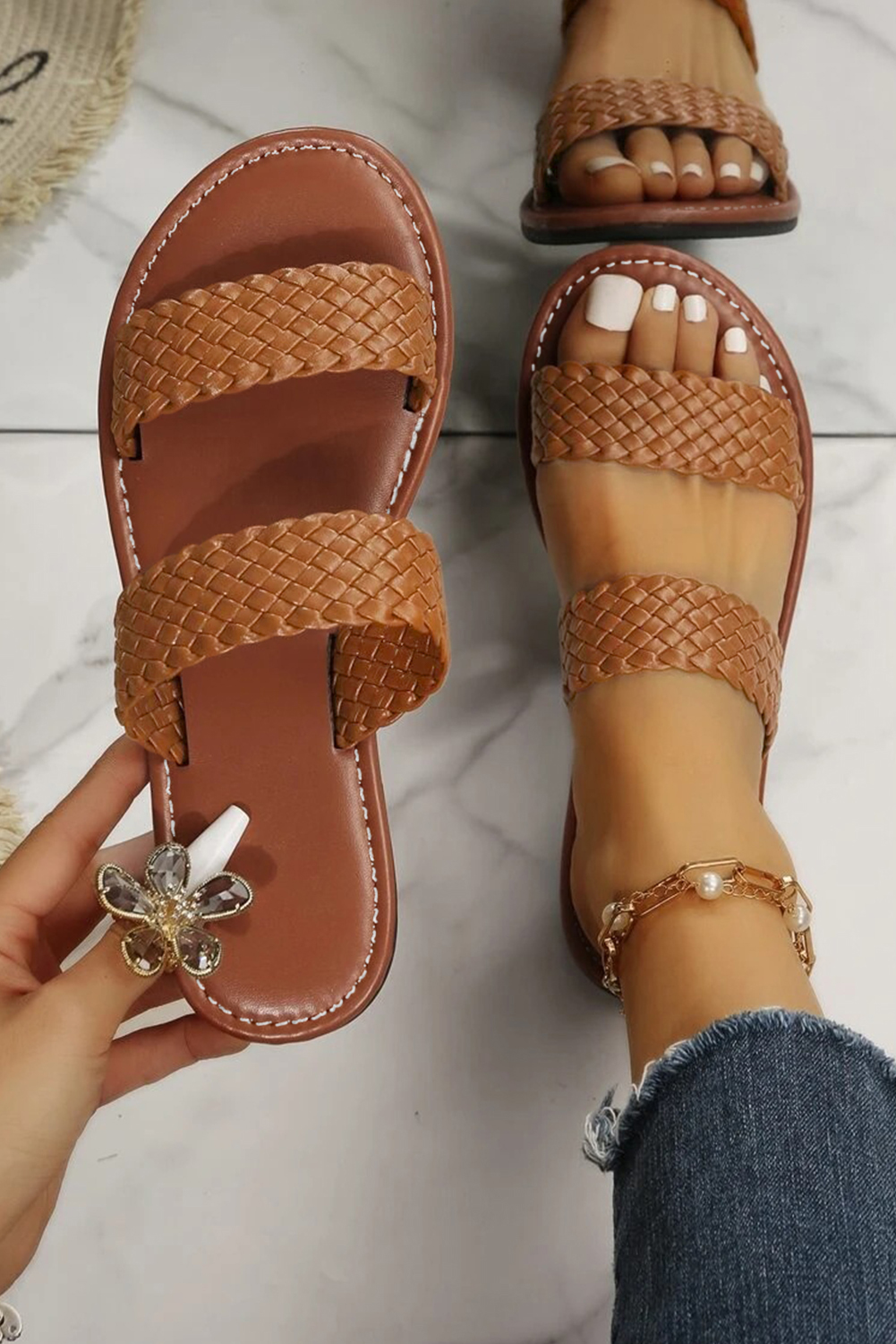 Chestnut Braided Double Band Leathered Flat Slippers - loveforevers