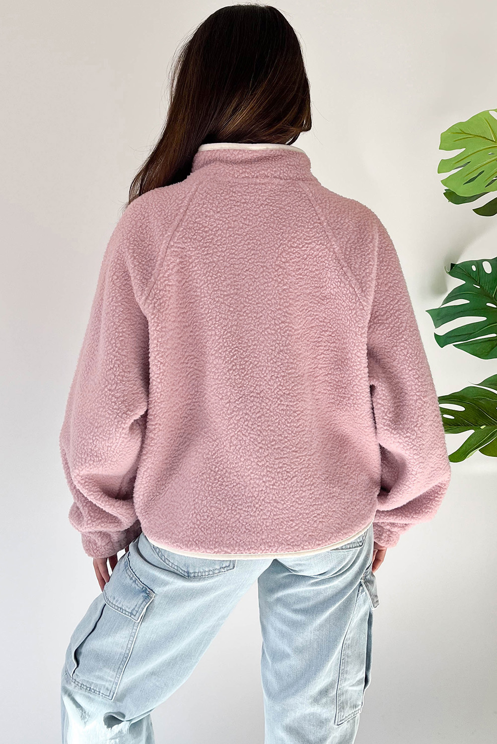 Fushia Stand Neck Half Button Zip Pocket Plush Sweatshirt - loveforevers