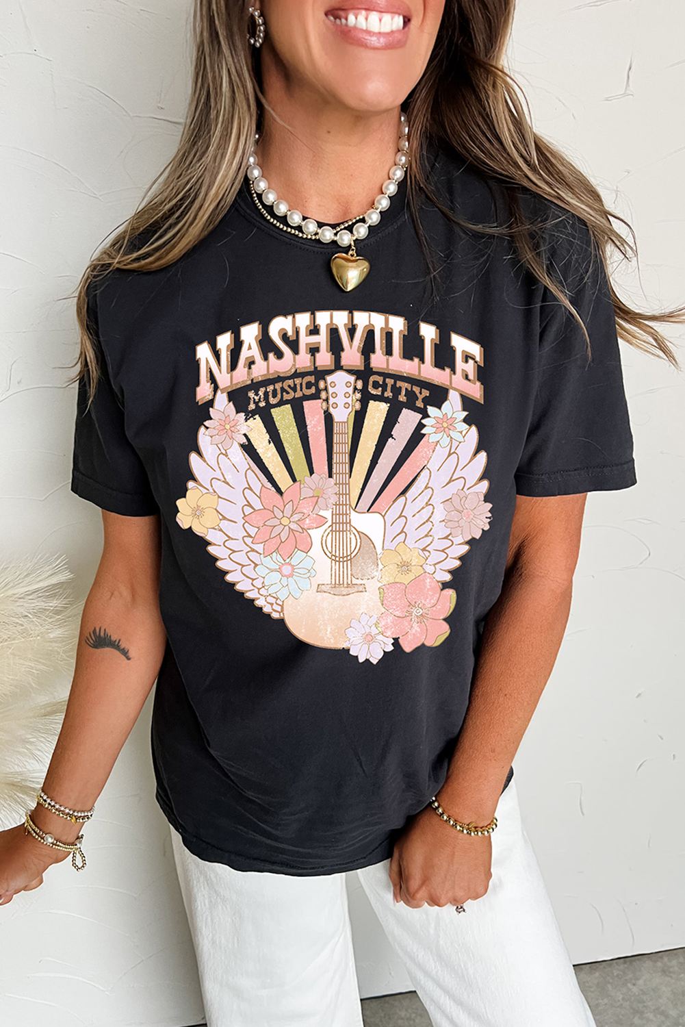 Black Nashville Music City Guitar Angel Wing Graphic Tee - loveforevers